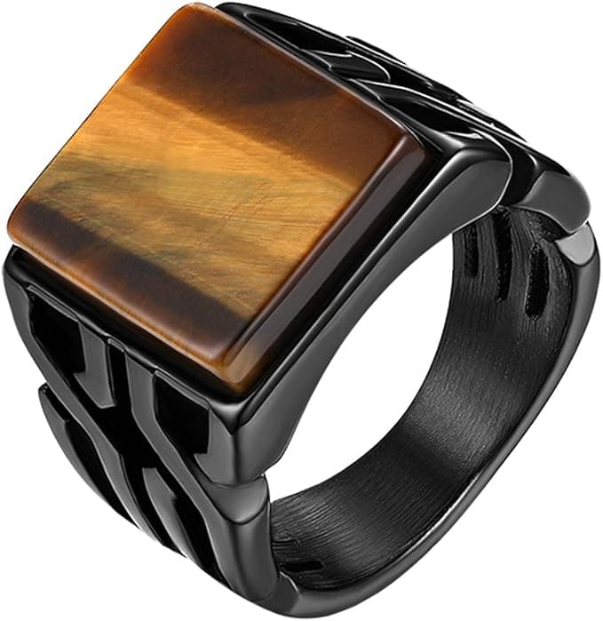 JewelryWe Męski pierścień z tygrysim okiem, vintage, kwadratowy, brązowy