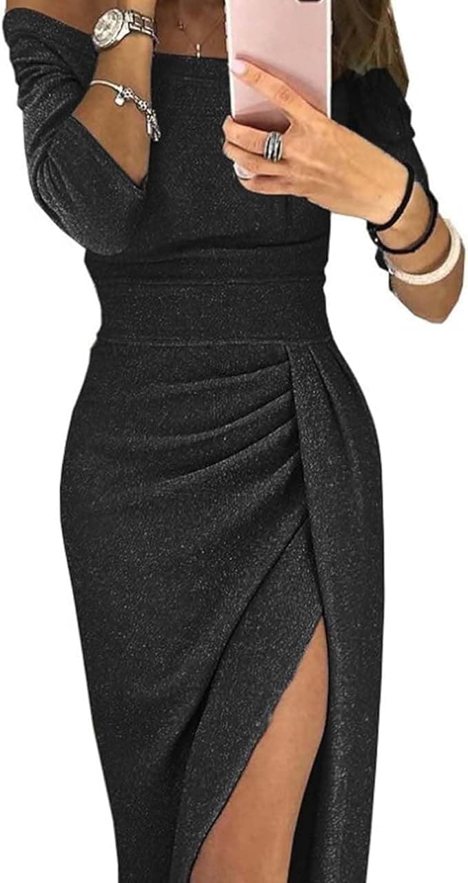 Damska suknia wieczorowa, elegancka sukienka z długim rękawem, zawijana, seksowna, rozcięta na ramionach, marszczona bodycon