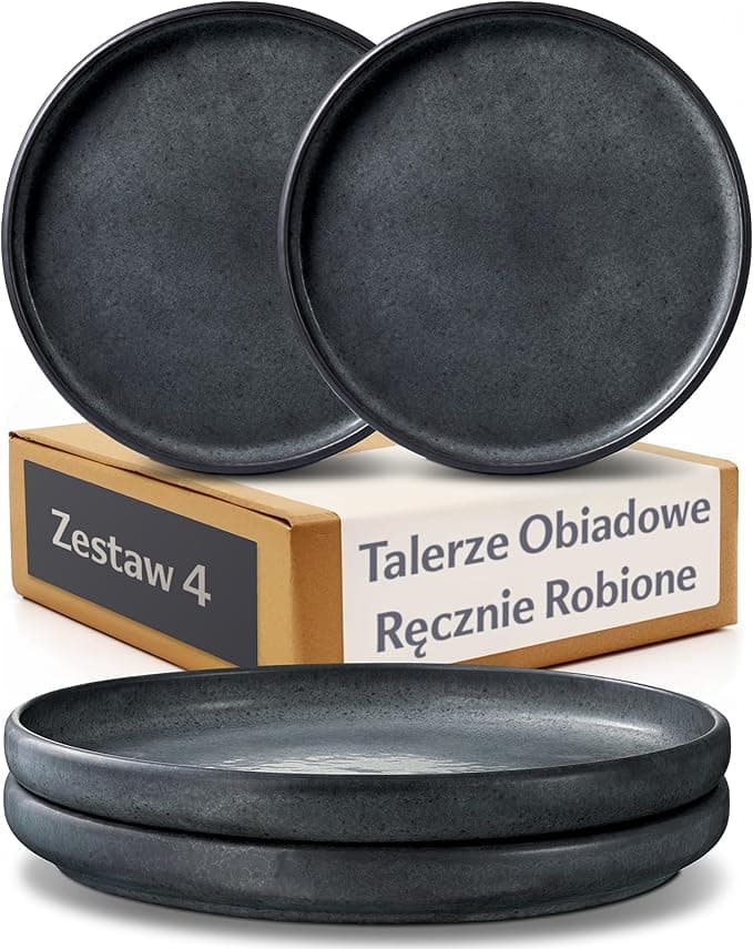 Cosumy Zestaw Talerzy Obiadowych – Zestaw Talerzy Ceramicznych Ø26 cm z Reaktywną Polewą – Zestaw Obiadowy 4 Osób w Głębokiej Czerni
