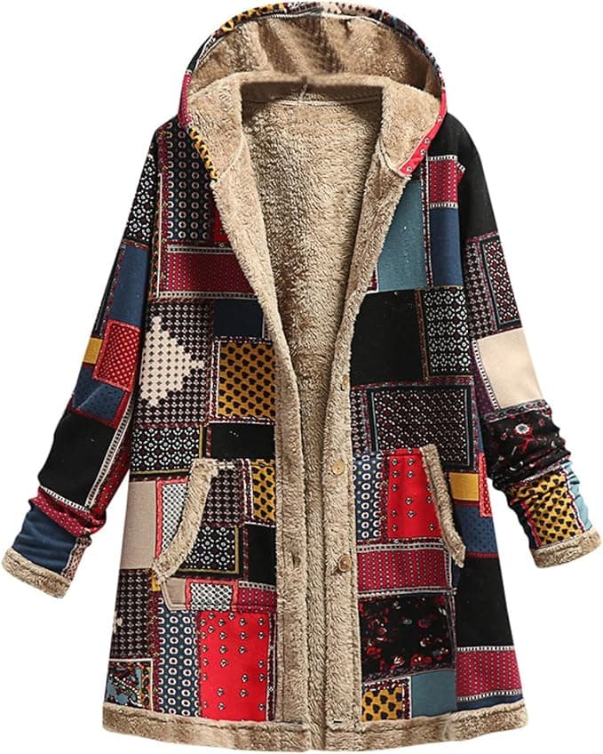 Dpofirs Kurtka Zimowa z futrzaną podszewką i Nadrukiem w Stylu Vintage dla Kobiet Plus Size, Retro i Elegancki Płaszcz