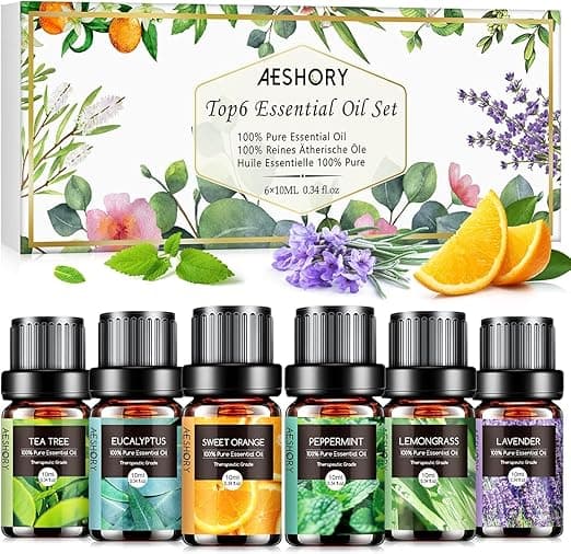 AESHORY Olejki Eteryczne Do Dyfuzorów 6 x 10ML, 100% Naturalny Zestaw Olejków Zapachowych Do Aromaterapii