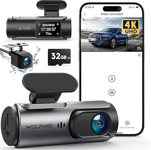 Kamera samochodowa WOLFANG 4K przednia i tylna kamera samochodowa Wi-Fi z kartą SD 32 GB, podwójna kamera samochodowa z noktowizorem