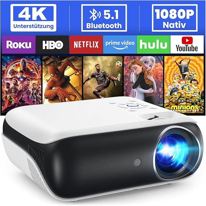 HOPVISION Projektor, Projektor Full HD 1080P, Projektor Bluetooth z Obsługą 4K, Przenośny Mini Projektor do Kina Domowego