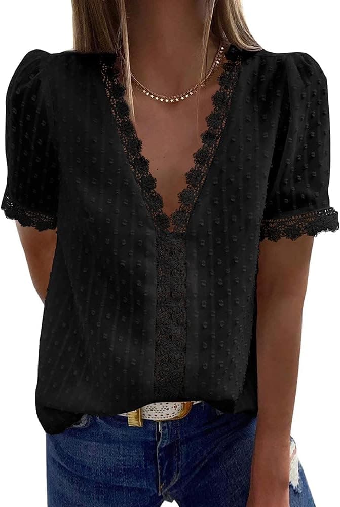 Damska bluzka koronkowe topy dekolt w serek elegancka krótki rękaw szyfonowa tunika casual oberteile koszula damskie bluzki topy