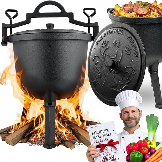 Berdsen Kociołek Myśliwski 8l - Żeliwny Garnek na Ognisko i Grill - Równomierne Pieczenie - Stabilny Trójnóg i Uchwyt do Zawieszenia