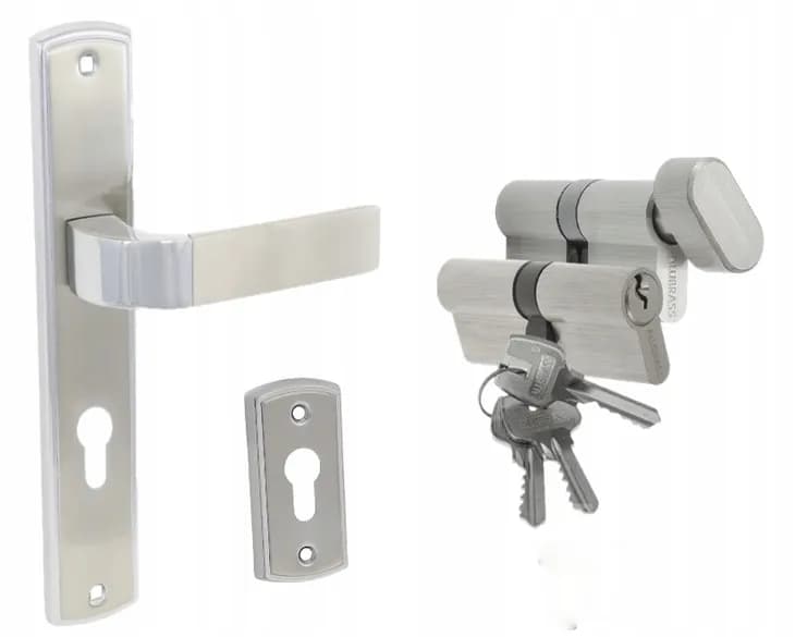 Klamka + szyld + wkładki system 1 klucz drzwi 55mm