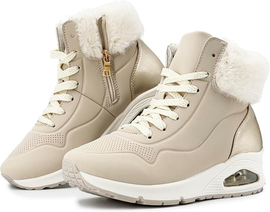 JOMIX Damskie zimowe botki, z ciepłą podszewką, buty typu sneaker z futrzanym kołnierzem, koturn, poduszka powietrzna, antypoślizgowa podeszwa
