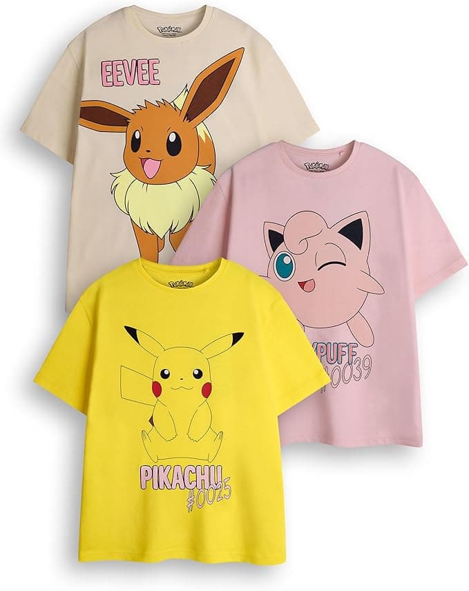 Pokémon Pakiet Koszulek Dziewczęcych (3 sztuki) | Żółta, Różowa i Brązowa Koszulka z Krótkim Rękawem z Grafiką