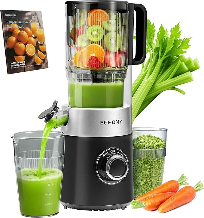 EUHOMY Sokowirówka, Slow Juicer, sokowirówka do warzyw i owoców, zwycięzca testu z otworem do napełniania 135 mm, pojemność 1,8 l, 2 filiżanki