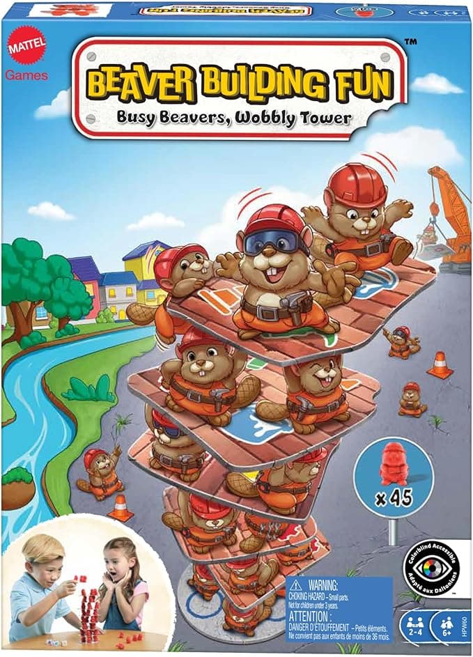 Mattel Games Wieża bobrów Gra dla dzieci i rodzin, na wieczór gier, biwakowanie i do podróży, HPW60