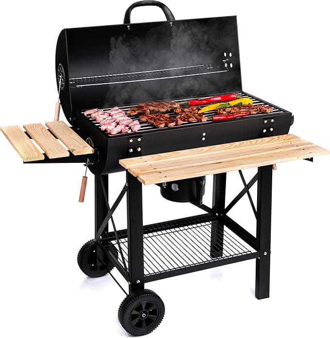 Grill węglowy z rusztem do gotowania, XL, z dwiema drewnianymi półkami, pokrywą, kółkami i nieogrzewanym uchwytem