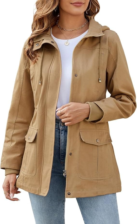 Tuopuda Kurtka Wiosna Damska Parka Bawełna Wojskowy Lekki Płaszcz Utility Jacket Kurtka Z Kapturem Na Co Dzień Z Zamkiem Wiatroszczelnym Odpinany 