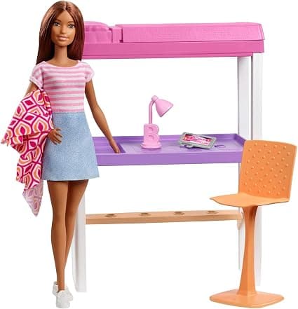 Barbie FXG52 - Deluxe zestaw mebli łóżko piętrowe z biurkiem i lalką, wielokolorowy