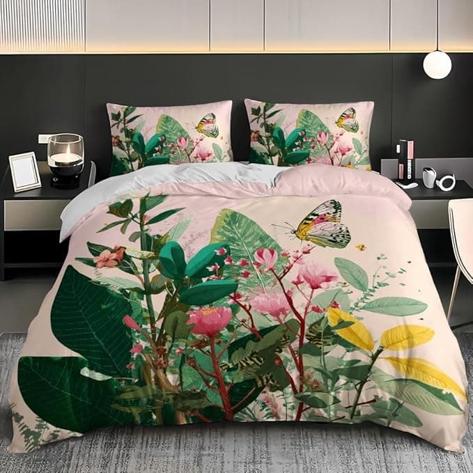 Pościel 220 x 220 cm łóżko 135 cm, motyl liść rośliny poszwa na kołdrę miękka i wygodna mikrofibra hipoalergiczna