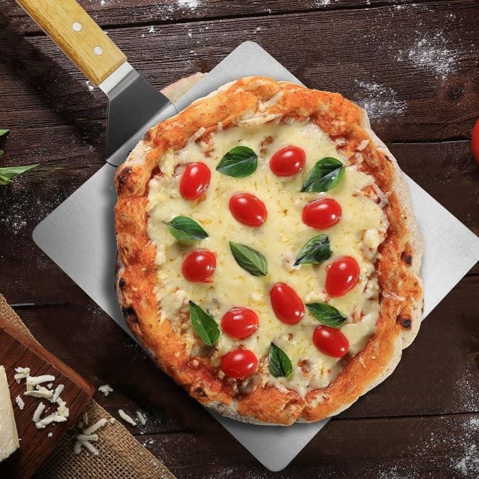  Łopata do pizzy ze stali nierdzewnej - podnośnik do pizzy i ciasta z drewnianym uchwytem - lopatka do pizzy, tarty, bulek i chleba