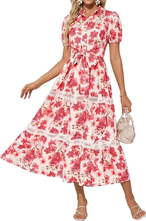 GRACE KARIN Damska letnia sukienka z krótkim rękawem, dekolt polo, linia A, sukienka w stylu boho, sukienka maxi, bluzka z kieszenią