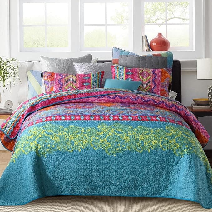 Narzuta w stylu boho 220 x 240, dwustronna, A/B, zestaw z 2 poszewkami na poduszkę 50 x 75 cm
