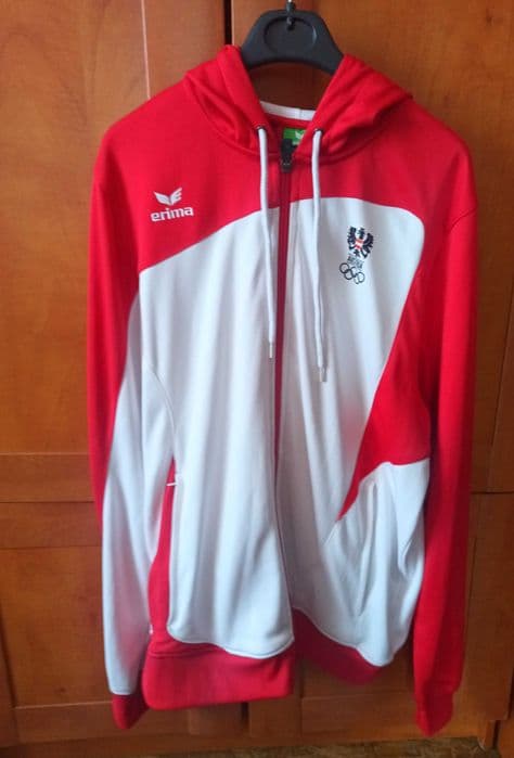 Bluza sportowa z kapturem damska biało - czerwona r.L