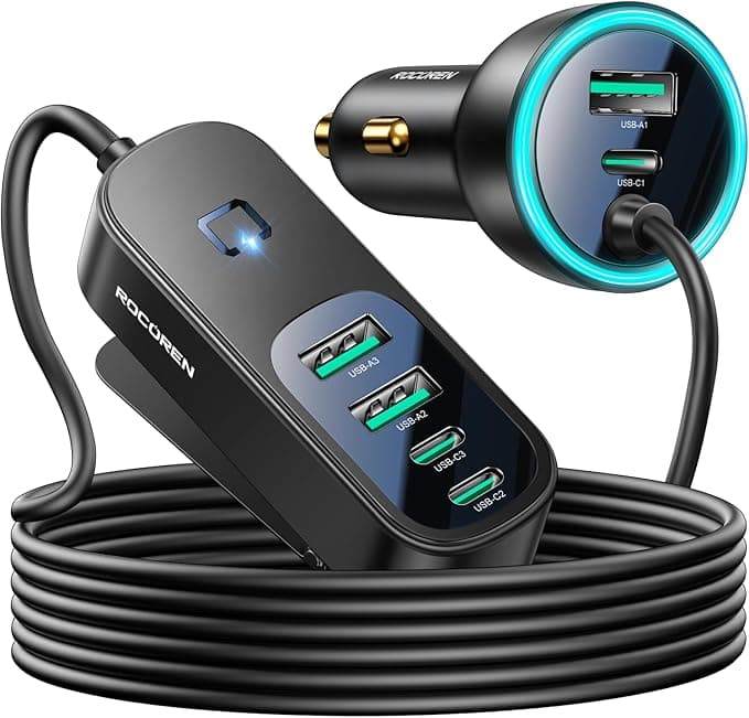 Rocoren Ładowarka samochodowa 105 W, PD35W QC3.0 6-portowa ładowarka samochodowa USB C Fast Charge z niebieską diodą LED i przewodem o długości 1,5 m 