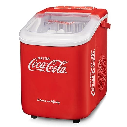Coca Cola Kostkarka do lodu – kompaktowa kostkarka do lodu z 2 rozmiarami kostek lodu, 10 kg lodu w ciągu 24 godzin, automatyczna funkcja ostrzegawcza