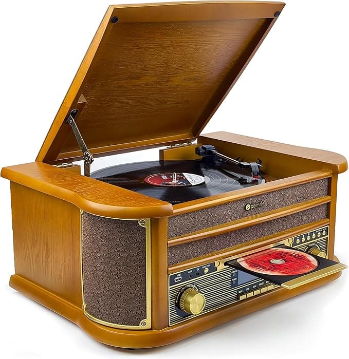 Denver MRD-51 DAB+, radio FM/AM z odtwarzaczem CD, kasetowym i gramofonem, wygląd drewna