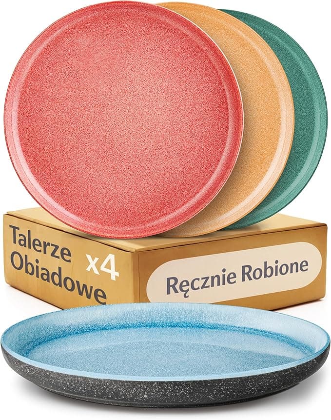Cosumy Zestaw 4 Talerzy Obiadowych z Kamionki Ø26,7 cm – Ręcznie Wykonane Talerze z Reaktywnym Emaliowaniem – Żywe Kolory
