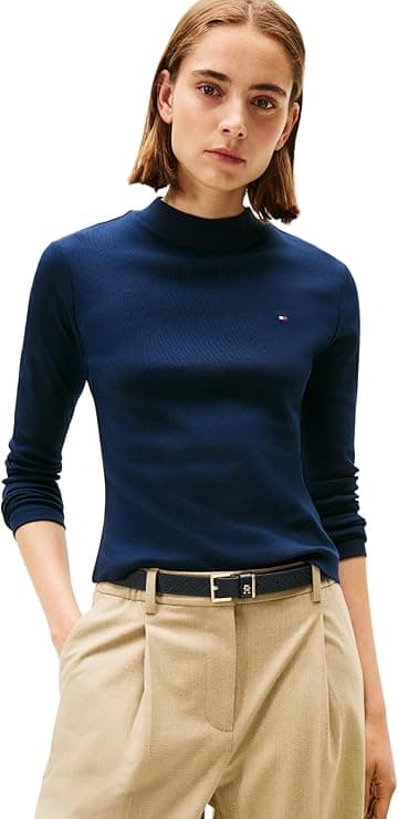Tommy Hilfiger Damska koszulka Slim Cody Mock-NK LS WW0WW47307 L/S, niebieska, XXL, Niebieski