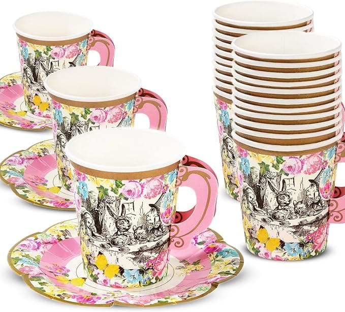 Talking Tables Lot de 12 Gobelets en Papier et Soucoupes Thème Alice au Pays des Merveilles